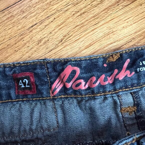 Parish Jeans Mens 42 Flap Pocket Baggy Thick Stitch Skate Blue Distressed - Picture 5 of 10
